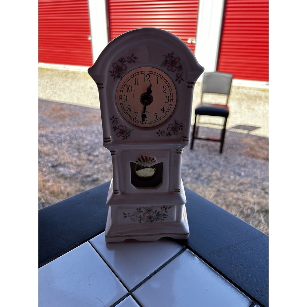 Vintage Ceramic Grandfather Clock Floral Quartz Pendulum Cottagecore 10"